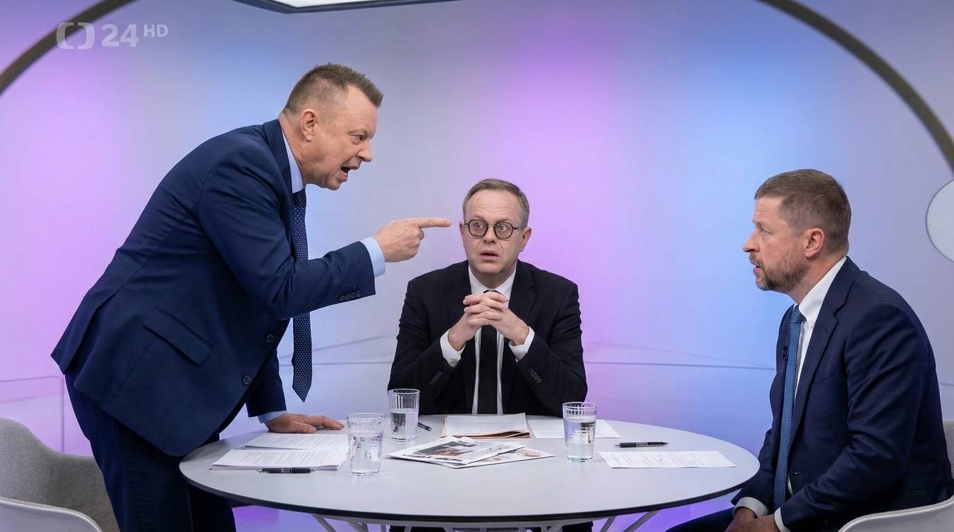 Jindřich Rajchl vstává ze židle ve studiu Otázek Václava Moravce